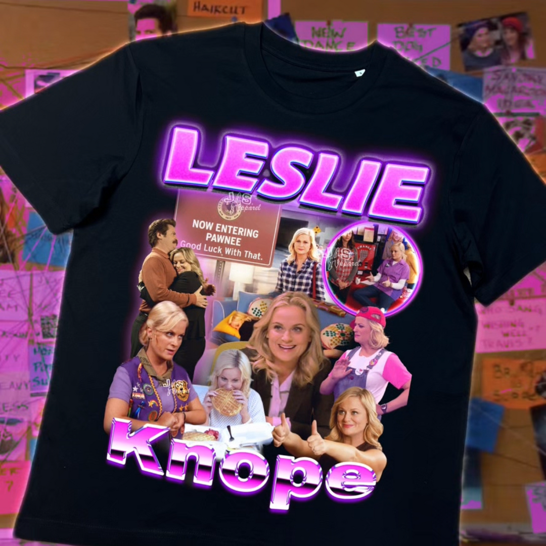 Black t-shirt with 'Leslie Knope' design featuring images of her iconic moments in parks and recreation