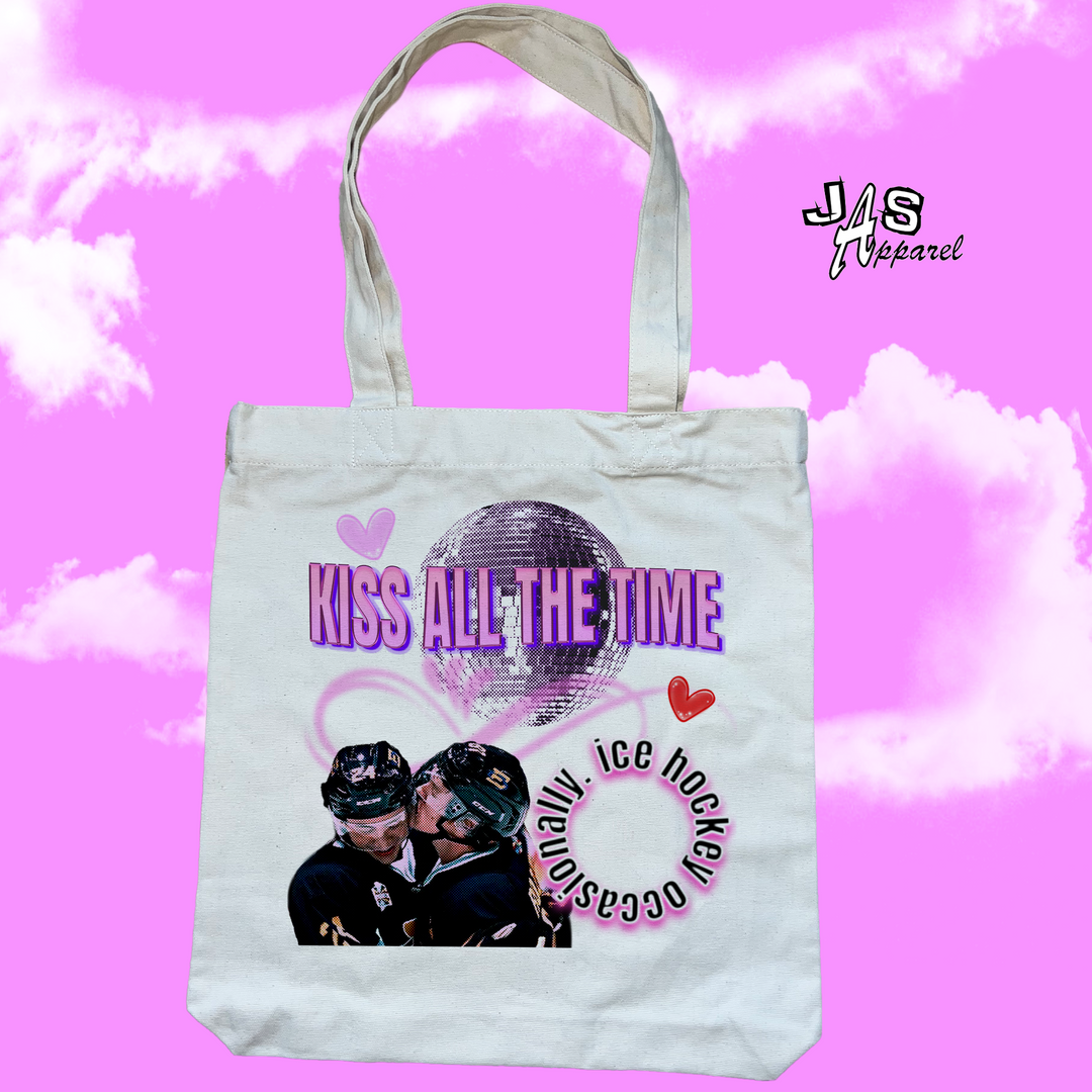 kiss all the time, ice hockey occasionally - print woven tote bag